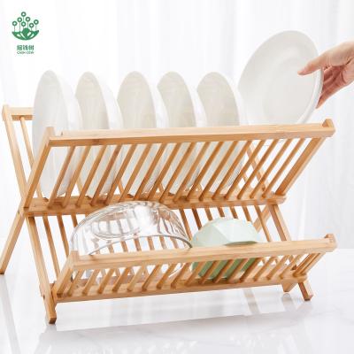 China New Sustainable Amazon Double 2 Tier Layer Stand Rolling Up Extendable Wooden Bowl Utensils Cutlery Drying Drain Rack Rack With Rack for sale