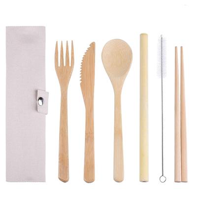 China Eco 6pc Travel Life Pocket Flatware Sustainable Portable Reusable Utensils Wooden Camping Bamboo Simple Cutlery Set With Picnic Bag for sale