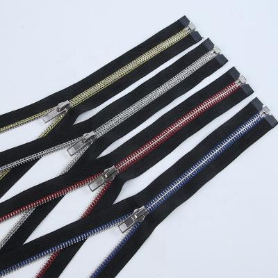 China Auto Lock Fabric Band 5# Open End Special Striped Fancy Silver Brass Metal Zipper For Garment for sale