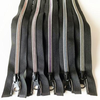 China New Arrival Two Tone Nylon Coil Zipper Auto Lock 5# Teeth Nylon Plastic Open Silver Plated Special Zipper for sale