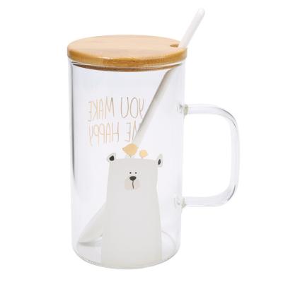 China Wholesale Sales Viable Cute Creative Transparent Glass Drinkware Cup Office Cartoon Heat Resistant Mug With Lid Spoon Straw for sale