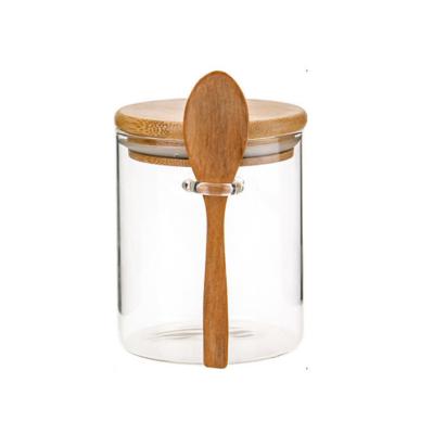 China Small Food Jar Bamboo Wooden Lid Storage Glass Jar With Spoon For Kitchen for sale