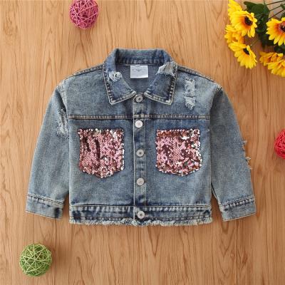 China Anti-Wrinkle 2021 Fashion Kids Girls Boutique Casual Running Sequin Pockets Autumn Winter Long Sleeve Leopard Ripped Button Closure Jean Jacket for sale