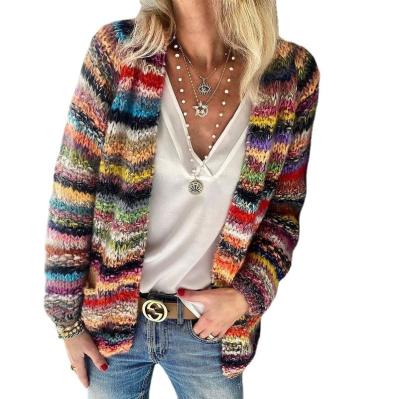 China Women Breathable Casual Boutique Plus Size Autumn Winter Mohair Cashmere Soft Knitted Rainbow Striped Open Pocket Cardigan Sweater Coat for sale