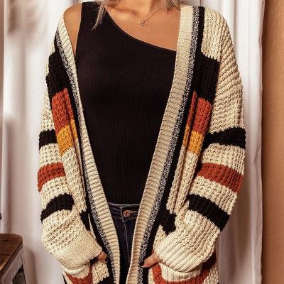 China Wholesale Breathable Women Plus Size Warm Autumn Winter Rainbow Striped Knit Long Open Pockets Woven Clothing Sweater Cardigan Coats for sale