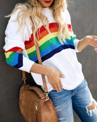 China Anti-wrinkle tops pullover autumn winter female hoodies crewneck rainbow printed loose zipper sweatshirt cheap jogger blouses ladies for sale