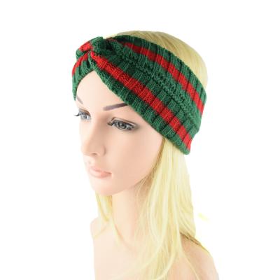 China Wool knitted red and green color matching ear protection wool headwear, handwoven headband, contrast striped hair accessories for sale