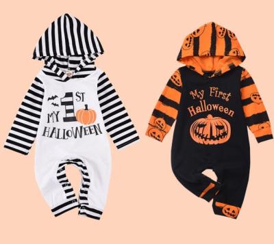 China Breathble Halloween 2021 0-18M Cozy Baby Hoodie Cute Letter Pumpkin Printed Newborn Baby Rompers Overalls Rompers for sale