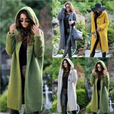 China fashionable Anti-wrinkle winter fall sweater knitted long hood jacket coat solid color long sleeves cardigan women winter for sale