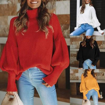 China Anti-wrinkle high fashion fall winter ladies woolen sweaters women tops bubble sleeves women crew neck cardigan sweater pullover simple knitting for sale