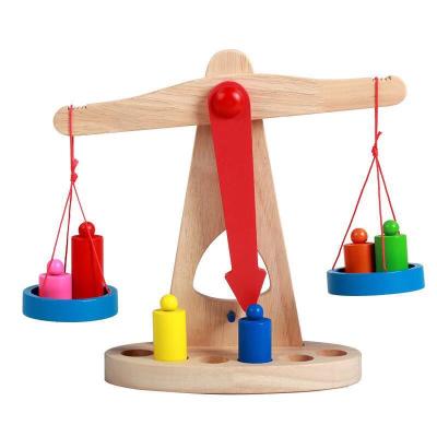 China Natural Math Wooden Balance Learning Wooden Scale With 6 Weights Educational Kids Balance Game for sale