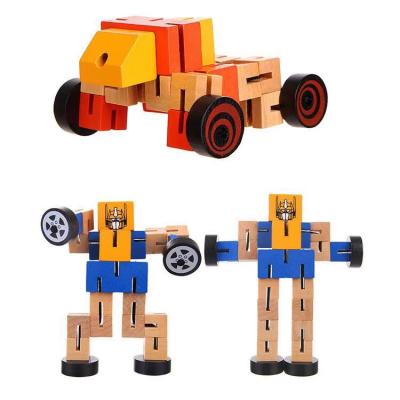 China Kids DIY Mini Puzzle Transformable Car Toy Colorful Wooden Deformation Robot Toy for sale