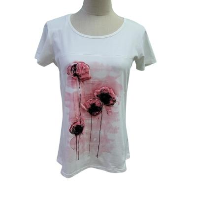 China OEM GOOD QUALITY POLYESTER COTTON QUICK DRY SCREEN PRINTING WHITE FLOWER CREW NECK SHORT SLEEVE WOMEN T-SHIRT FOR LADIES for sale