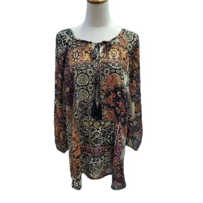 China Anti-pilling 100% HIGH QUALITY CUSTOMIZED POLYESTER SCREEN PRINTING BROWN AROUND NECK LONG SLEEVE WOMEN BLOUSE FOR LADIES for sale