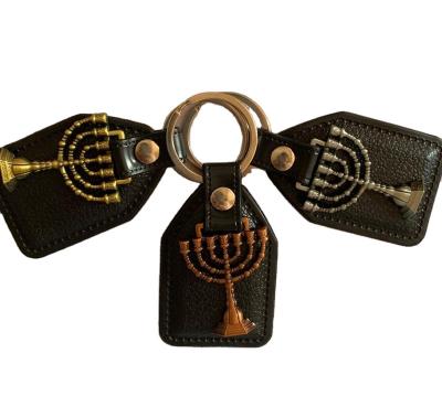 China Israel Mini Menorah Jewish PU Leather Key Chain for sale