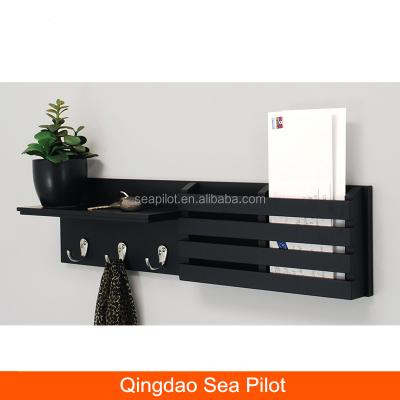 China Sustainable Hot Sale 24-Inch By 6-Inch Black Wood Wall Shelf With Post Rack And 3 Hooks for sale