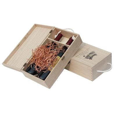 China Handmade unfinished wooden wine box with hinged lid, cheap wine box, box with 2 bottle of wine for sale