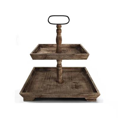 China Suitable for Restaurants 2 Tiers Square Shape Home Decor Rustic Tray Farmhouse Wooden Tiered Tray Stand Up Custom Wooden Serving Cupcake Rack for sale