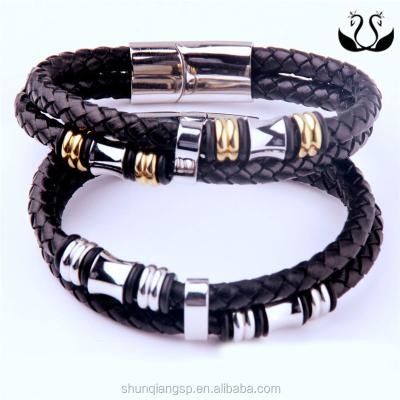 China Hot Selling Fashion Stainless Steel Men Braided Leather Bracelet Jewelry for sale