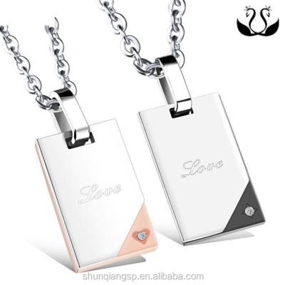 China Best Selling Stainless Steel Rectangle Couple Pendant Necklace With Zircon for sale