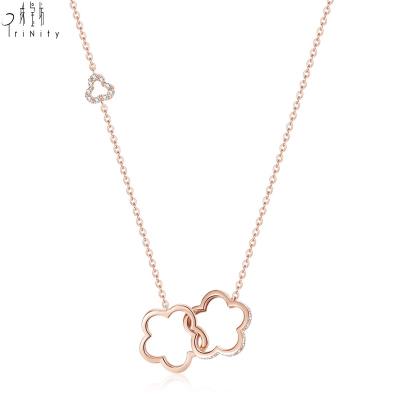 China Beautiful Fashionable New Products High Grade Jewelry 18K Solid Gold Real Diamond Double Flower Pendant Necklace For Lady for sale