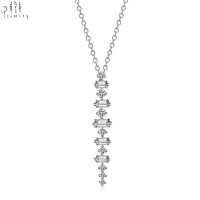 China Simple Fashion 18K Diamond Baguette Necklace 18 Carat Gold Jewelry Solid TRENDY White Gold Long Pendant Set for sale