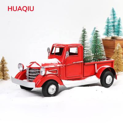 China Metal Christmas Metal Crafts Kids Toy Navidad Vintage Christmas Red Metal Truck With Christmas Tree Decoration for sale