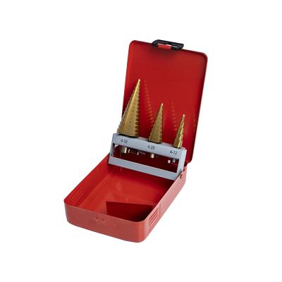 China Hss 4341 Steel Red Triangle Shank Steel Red Box Iron Metal Drilling 3 Pcs Liner Titanium Straight Flute Step Drill Bit Set For Metal Drilling for sale