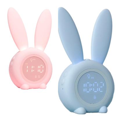 China With Voice Control Creative Children's Trainer Sleep Clock Light Rabbit Bedroom Bedside Table Silicone Rabbit Lamp With Alarm Clock for sale