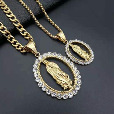 China Virgin Mary Pendant Hip Hop Jewelry Gold Plated Zircon Cavity Religious Stainless Steel Titanium Steel Necklace for sale