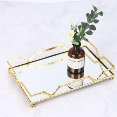 China In Middle East Style Home Party Household Bathroom Decorative Rectangle Metal Wire Vanity Mirrored Gold Rose Gold Tray for sale