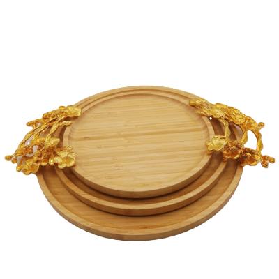 China Good Quality Durable Restaurant Bamboo Wooden Bread Serving Tray With Gold And Silver Handle for sale