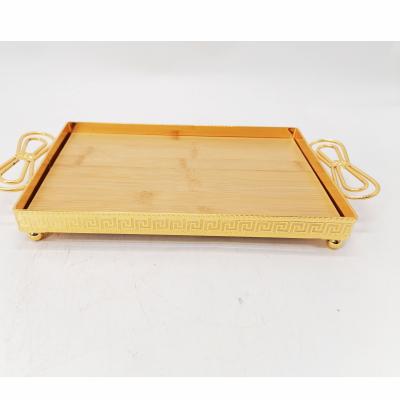 China Eco-friendly Luxury Wooden Food Tray With Gold Metal Handles Serving Rack for sale