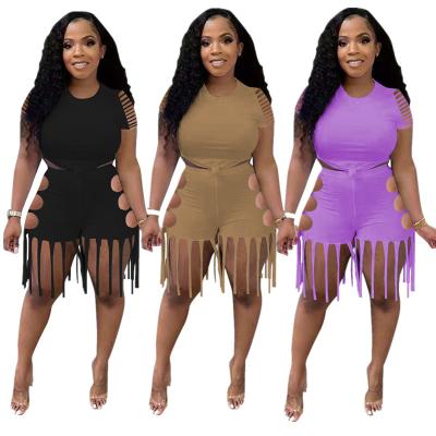 China QUICK DRY Women Dress Solid Color Cut Both Sides Short Sleeve Suit Hollow Out Tassel Sport Shorts Two Piece Set for sale