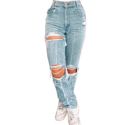 China 2021 New Arrival Women's Plus Size Denim Pants Blue Mid Waist Hole Pants Skinny Jeans for sale