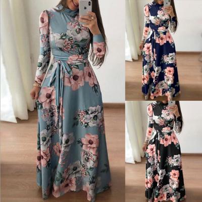 China Plus Size Women Clothing Anti-Static Flowers Print Maxi Dress Lace-Up O-Neck Long Sleeve Casual Women Dress for sale