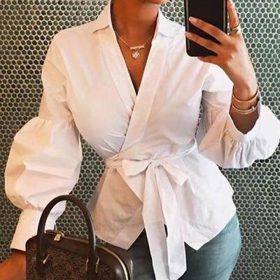 China Print Breathable Women Blouses Shirts Lantern Sleeve Button Long Sleeve Belt V-Neck Female Spring Top for sale