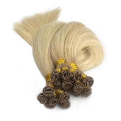 China Pure Original Natural Hair Hand Tied Platinum Blonde One Weft Russian Human Weft Donor Remy Double Drawn Handtied Hair for sale