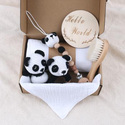 China Soft Toy Newborn Baby Teether Set Baby Knitted Toy Gift Box With Panda Teether Rattle Set for sale