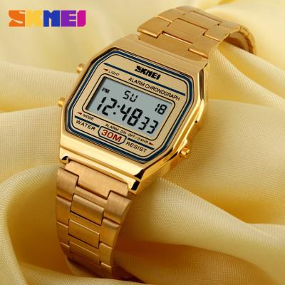 China Luxury 1123 Mens Womens Gold Wrist Watch SKMEI LED Alarm Digital Watch China Wholesale Metal Strap for sale