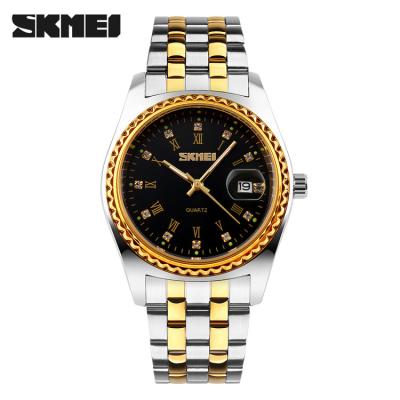 China Classic Alarm Skmei 9098 Couple Gold Wrist Watch 3atm Water Resistant New Quartz Watch for sale