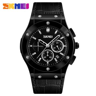 China Wholesale Fashion SKMEI 9157 Luxury Waterproof Leather Strap Casual Watch For Men Chronograph Watch for sale