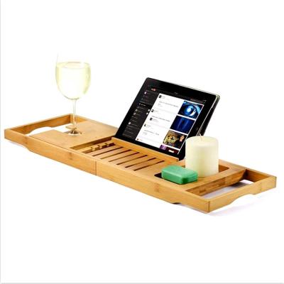 China Long Sustainable Quality Interesting Expandable Bathtub Organizer Bathroom Natural Bamboo Adjustable Serving Trolley Tray for sale