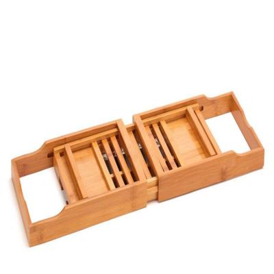 China Eco-friendly Expandable Bamboo Bathtub Trolley Tray Bath Tray Bathroom For Book, Wine Glass, Towel, Phone for sale