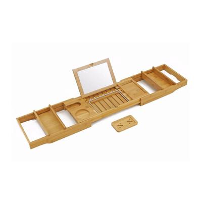 China Sustainable Bamboo Tub Cart Tray with Extending Sides iPad, Cell Phone Tray and Wine Glass Holder for sale