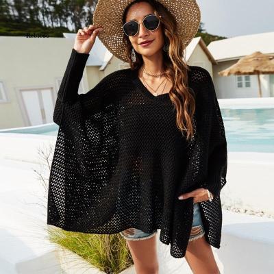 China Free sample Anti-wrinkle bat sleeve solid color spring knitted summer oversized sweater hollow overall beach casual female sweater for sale