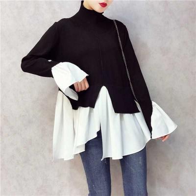 China Anti-Wrinkle Spring Patchwork Pullovers Knitted Sweater Women Flare Sleeve Jumper Irregular Feminine Sweaters for sale