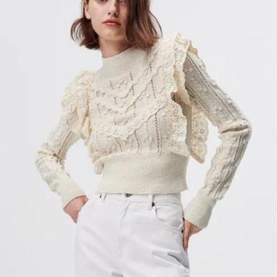 China anti-wrinkle spring women ruffle knit cropped sweater turtle neck long sleeve Pointelle ruffled Autumn Jumper Female Loose Knitted Pullover for sale