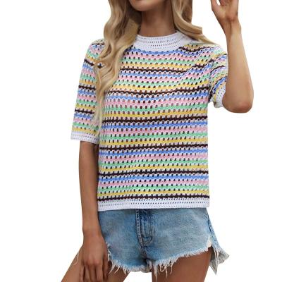 China Anti-Wrinkle Spring Womens Crew Collar Striped Print Casual Jacquard Knit Hollow Out Tops Female Chic Short Sleeve Sweater Pullovers for sale