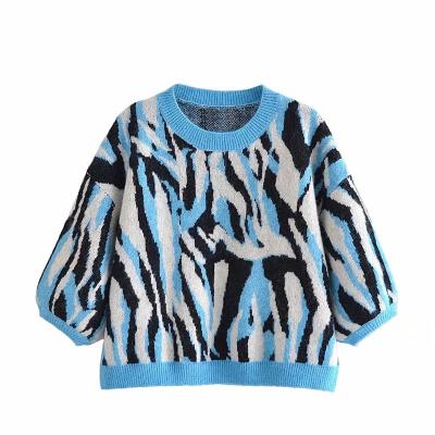 China 2021 Anti-Wrinkle Woman Leopard Sweater Ladies High Street Female Oversized Knitted Sweaters Casual Blue Loose Grain Half Sleeve for sale